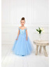 Cap Sleeves Blue Lace Tulle Floor Length Flower Girl Dress Cap Sleeves Blue Lace Tulle Floor Length Flower Girl Dress